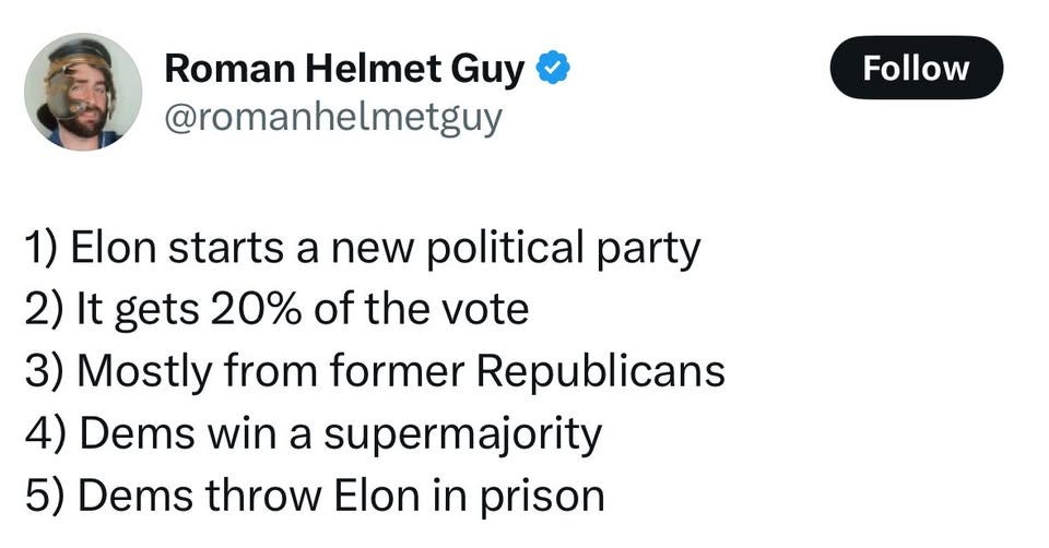 May be an image of 1 person and text that says 'Roman Helmet Guy @romanhelmetguy Follow 1) Elon starts a new political party 2) It gets 20% of the vote 3) Mostly from from former Republicans 4) Dems win a supermajority 5) Dems throw Elon in prison'