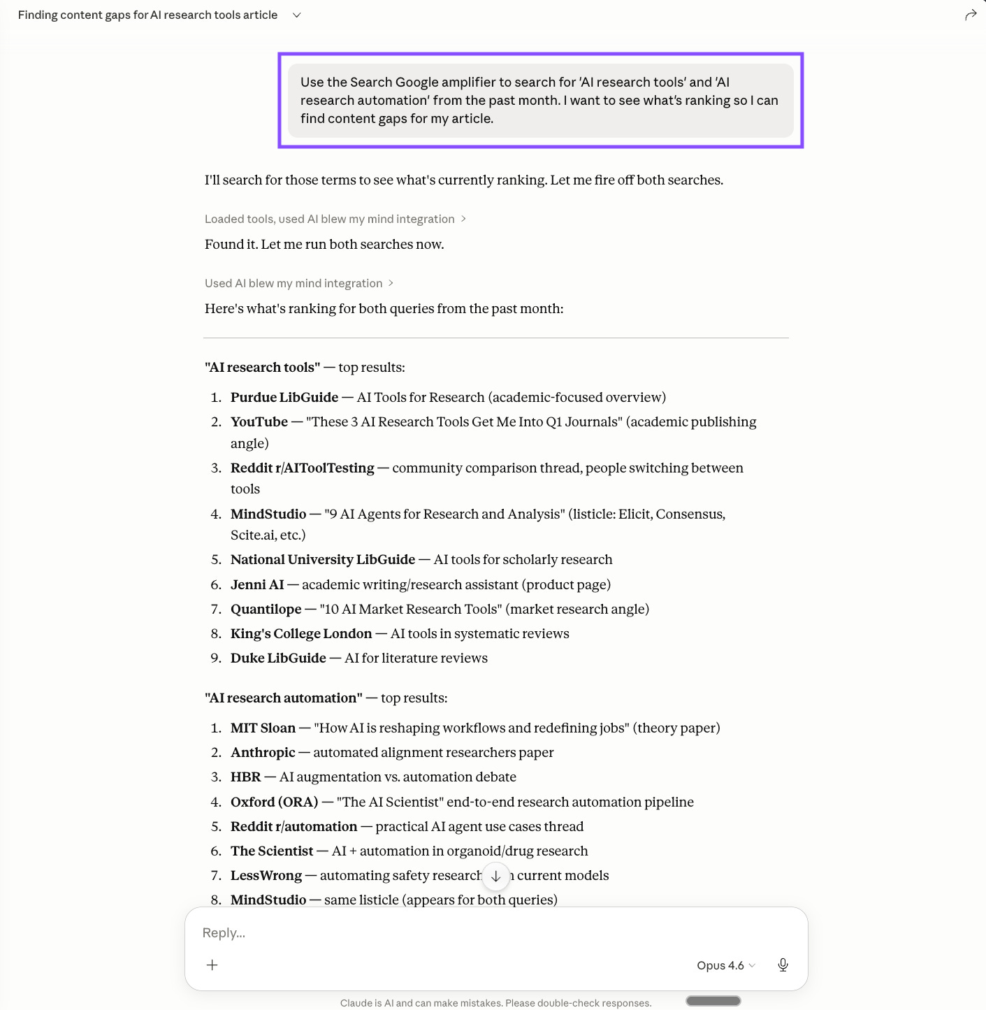 Screenshot of Claude using the Google amplifier to search for 'AI research tools' and 'AI research automation' from the past month, showing ranked results from sources like Purdue, MIT Sloan, Reddit, and Anthropic to identify content gaps.