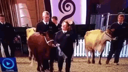 a group of people standing next to cows and a sign that says 2 mins a group of people standing next to cows and a sign that says 2 mins