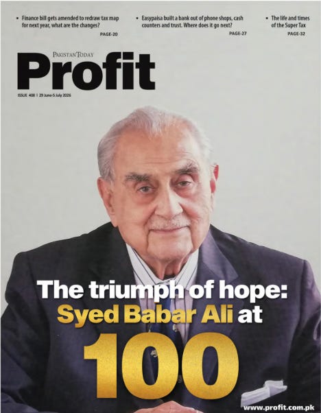 The front cover of Profit business magazine by Pakistan Today, featuring a close-up portrait of Syed Babar Ali with a bold title text reading 'The triumph of hope: Syed Babar Ali at 100'. The front cover of Profit business magazine by Pakistan Today, featuring a close-up portrait of Syed Babar Ali with a bold title text reading 'The triumph of hope: Syed Babar Ali at 100'.