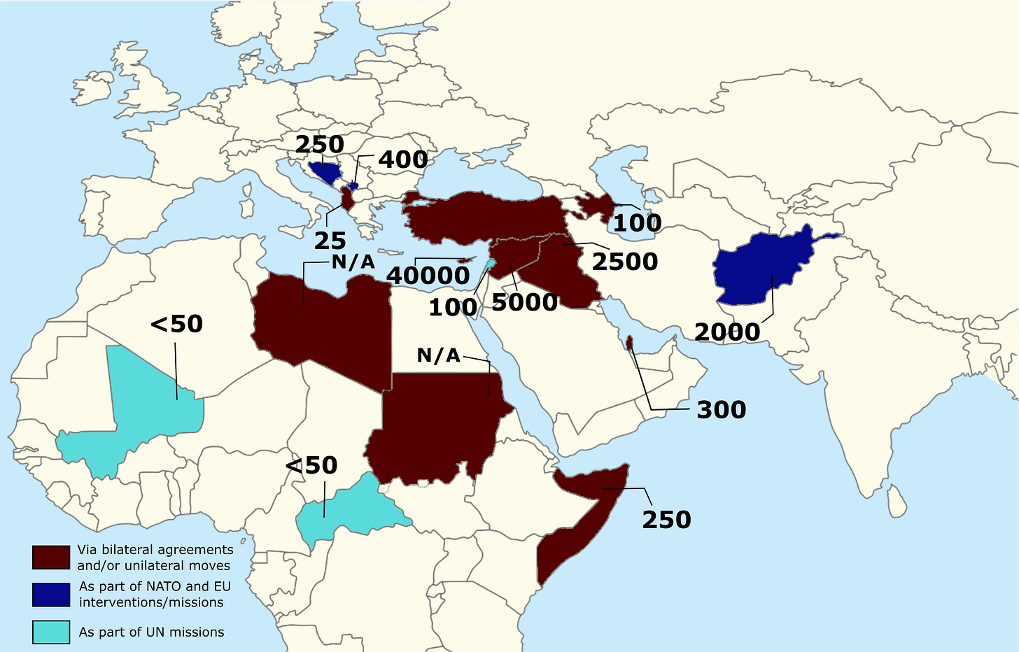 Overseas military presence of the Turkish army as of January 2020 (more  info in comments) : r/MapPorn