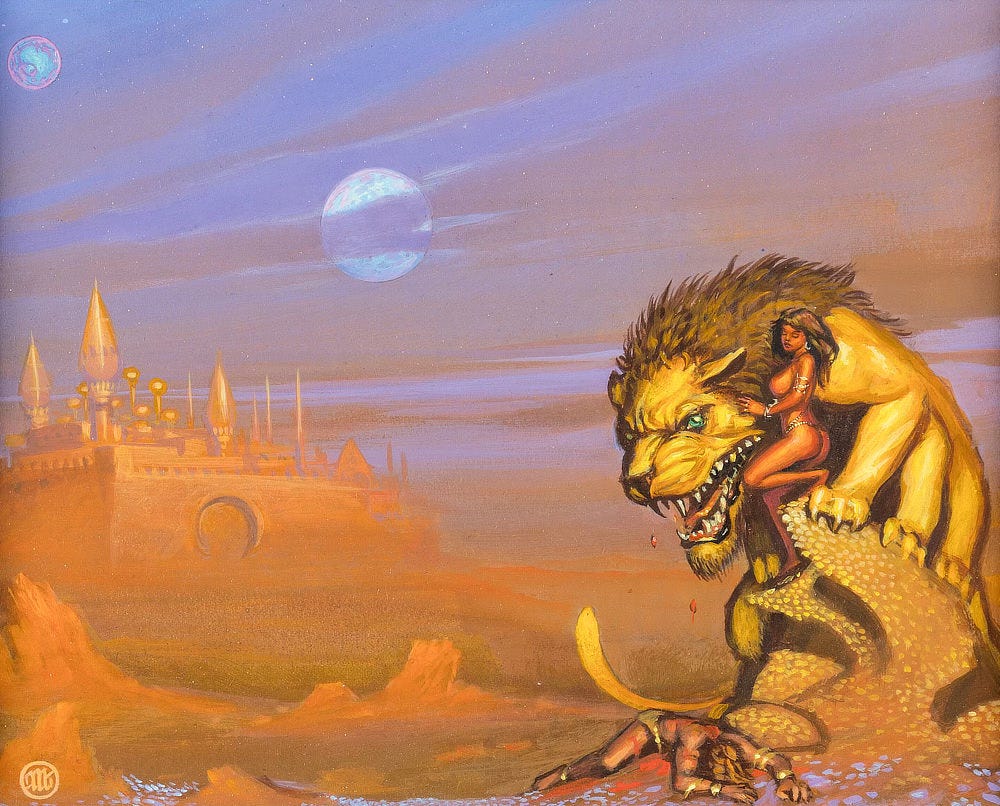 Preliminary concept for THUVIA, MAID OF MARS. The view of topless Thuvia is from the side as she stands close to a fierce eight-legged Martian lion. Its claws grip an oddly flecked rock. Face down on the ground below is the body of a warrior. The elegant spires of the Martian city in the distance is behind less defined walls than the final painting. Preliminary concept for THUVIA, MAID OF MARS. The view of topless Thuvia is from the side as she stands close to a fierce eight-legged Martian lion. Its claws grip an oddly flecked rock. Face down on the ground below is the body of a warrior. The elegant spires of the Martian city in the distance is behind less defined walls than the final painting.