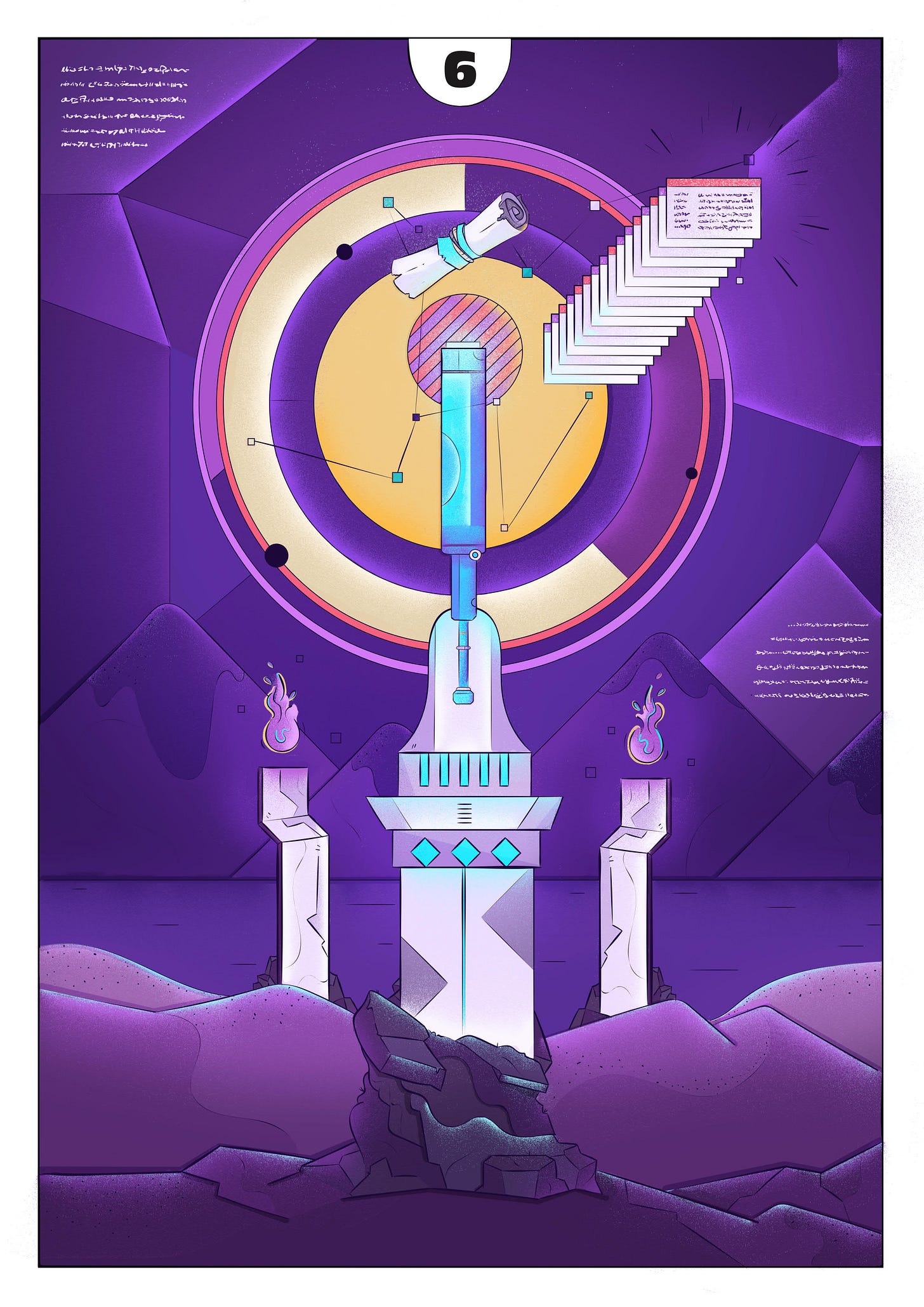 Surreal illustration of a telescope, scroll, index cards, and lens in a rocky desert landscape evoking descriptive elements - how do we connect the dots?