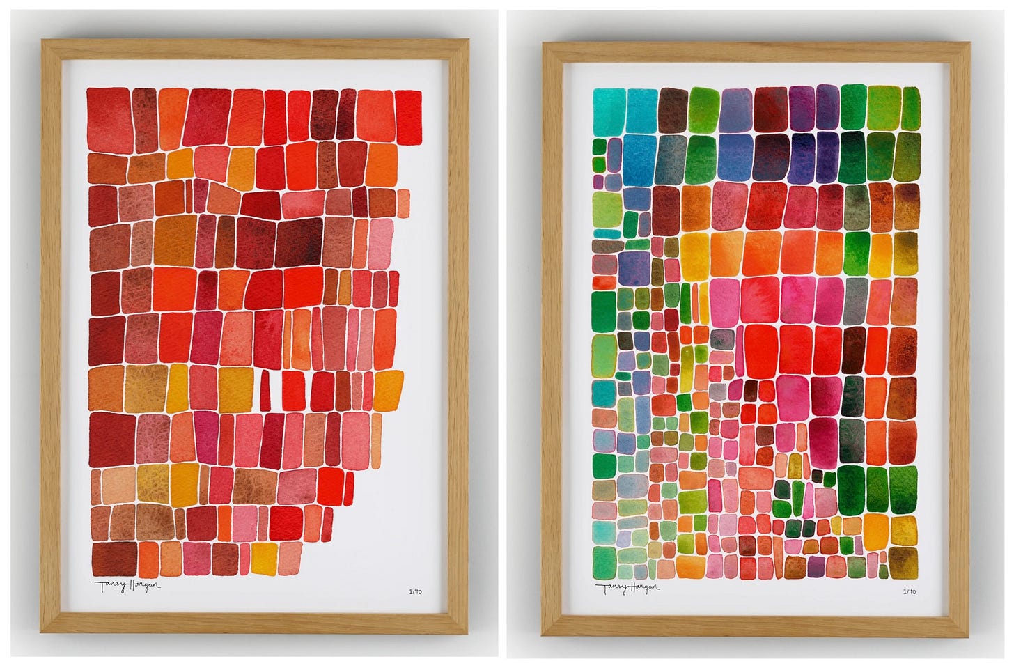 Two framed paintings composed of blocks of beautiful watercolour