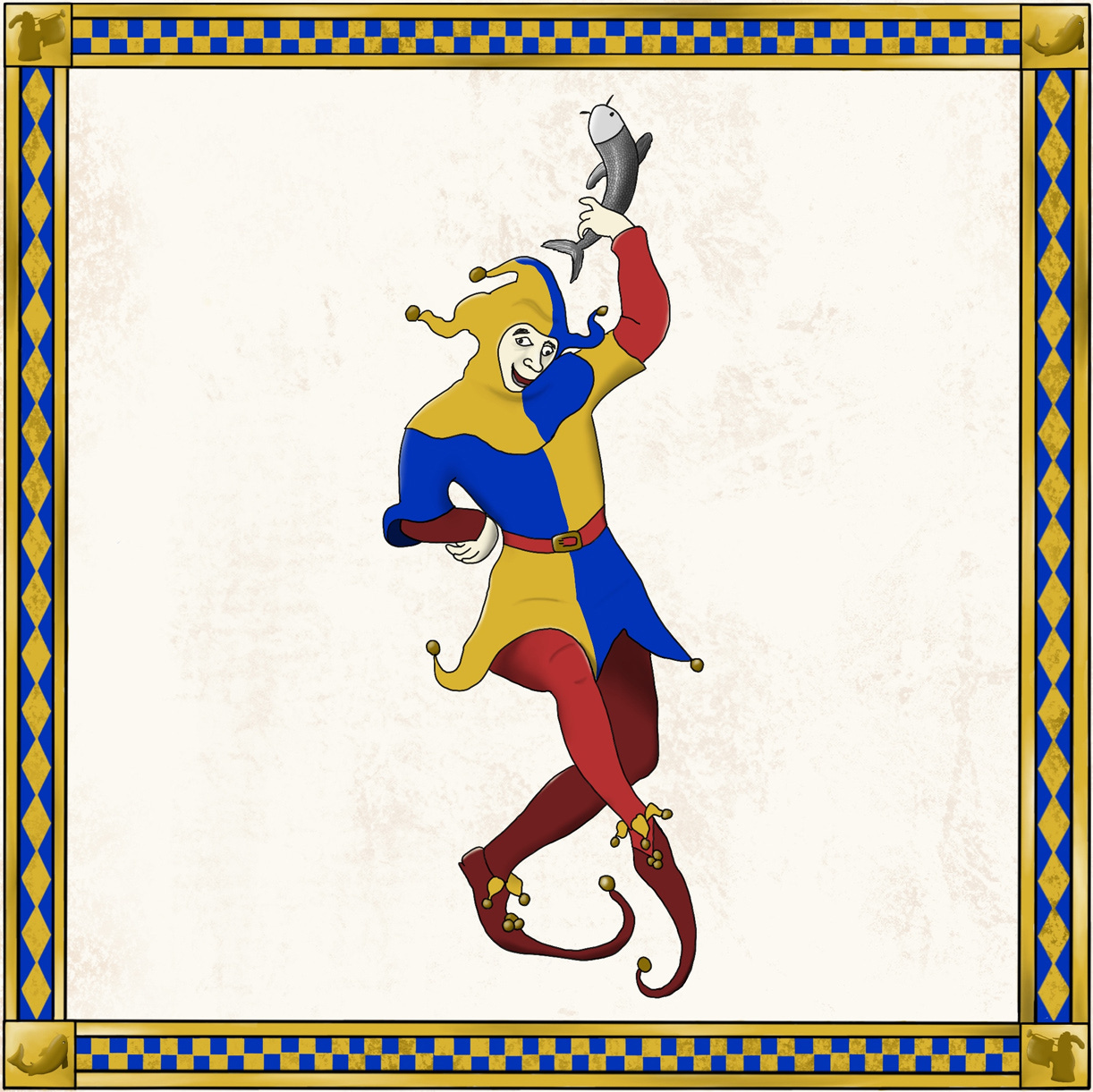 court jester throwing a fish around