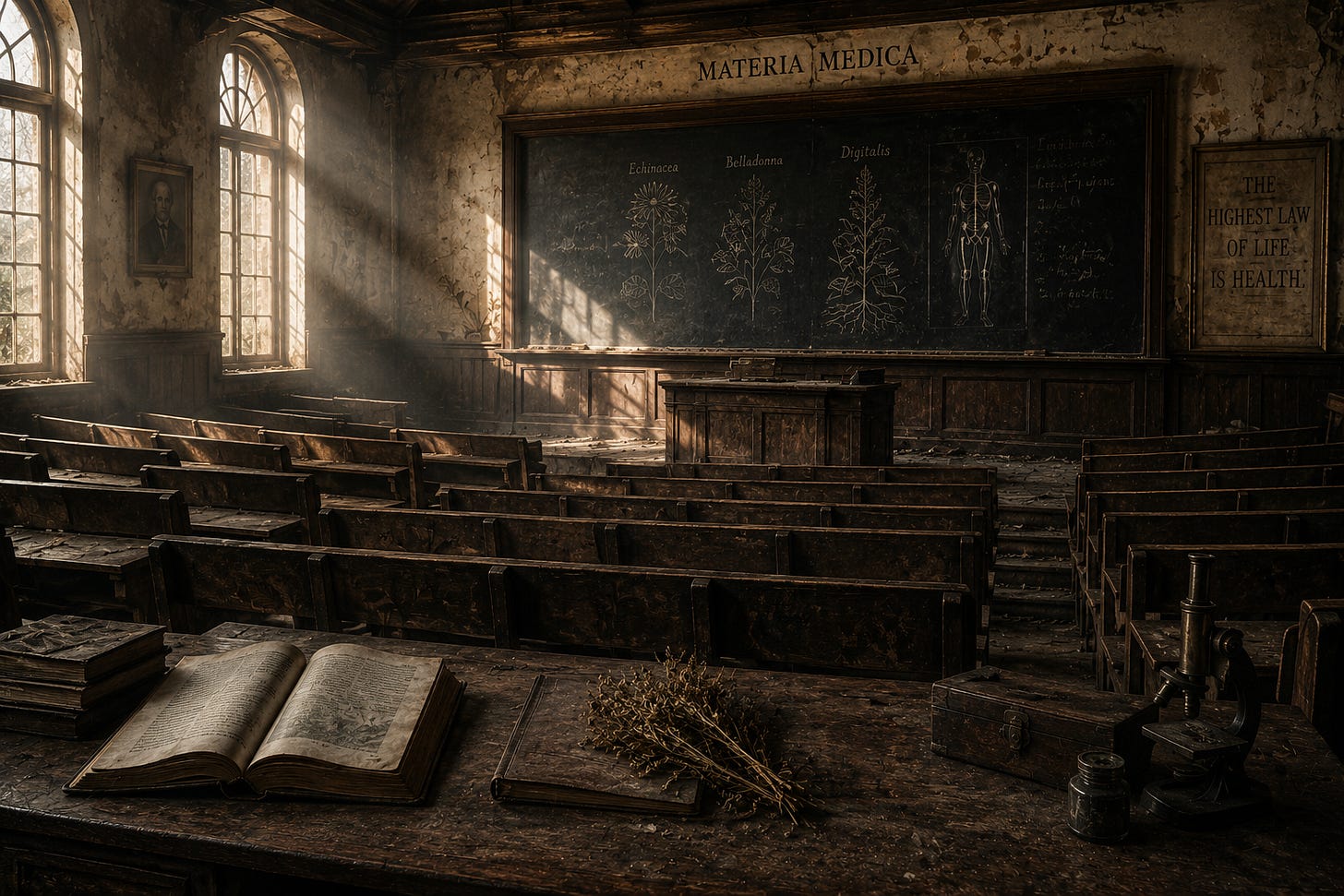 Empty botanical medicine lecture hall representing the disappearance of herbal medicine education, homeopathic schools, and Eclectic medical colleges after the Flexner reforms.