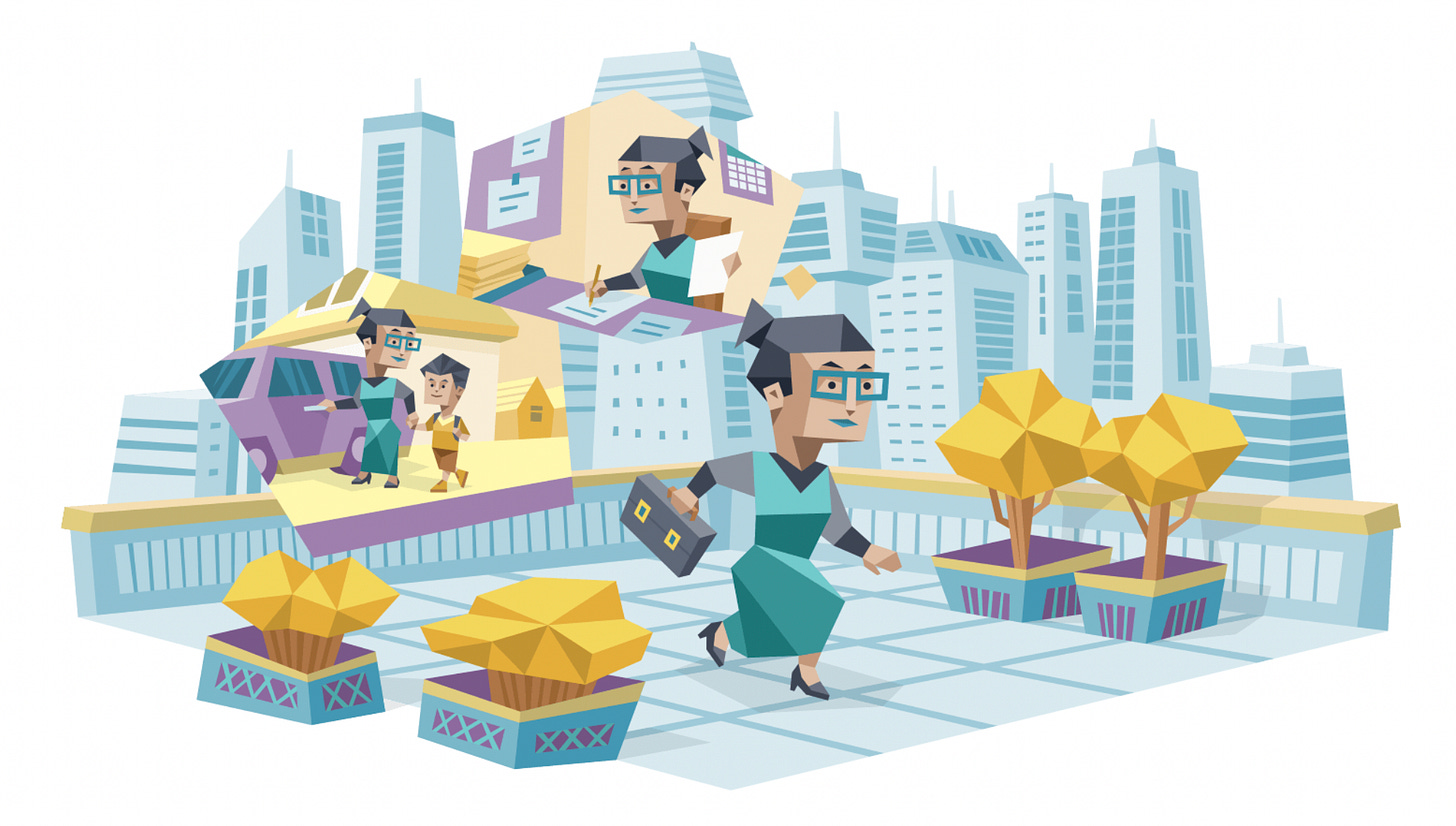 An ESTJ (Executive) woman walking confidently through an urban plaza with her briefcase. She's thinking about her evening plans of picking up her child from school and completing paperwork. An ESTJ (Executive) woman walking confidently through an urban plaza with her briefcase. She's thinking about her evening plans of picking up her child from school and completing paperwork.