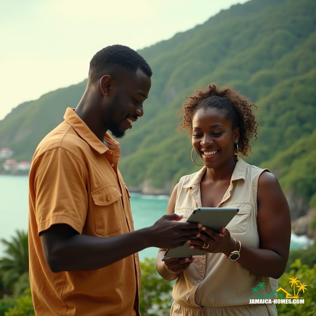 A black couple in Jamaica, dressed in casual resort attire, standing alongside their agent, a middle-aged Jamaican woman with a warm smile, reviewing property listings on a tablet, set against the stunning backdrop of a lush green mountain range and turquoise ocean, as the warm golden light of the Jamaican sun casts a gentle glow on their faces