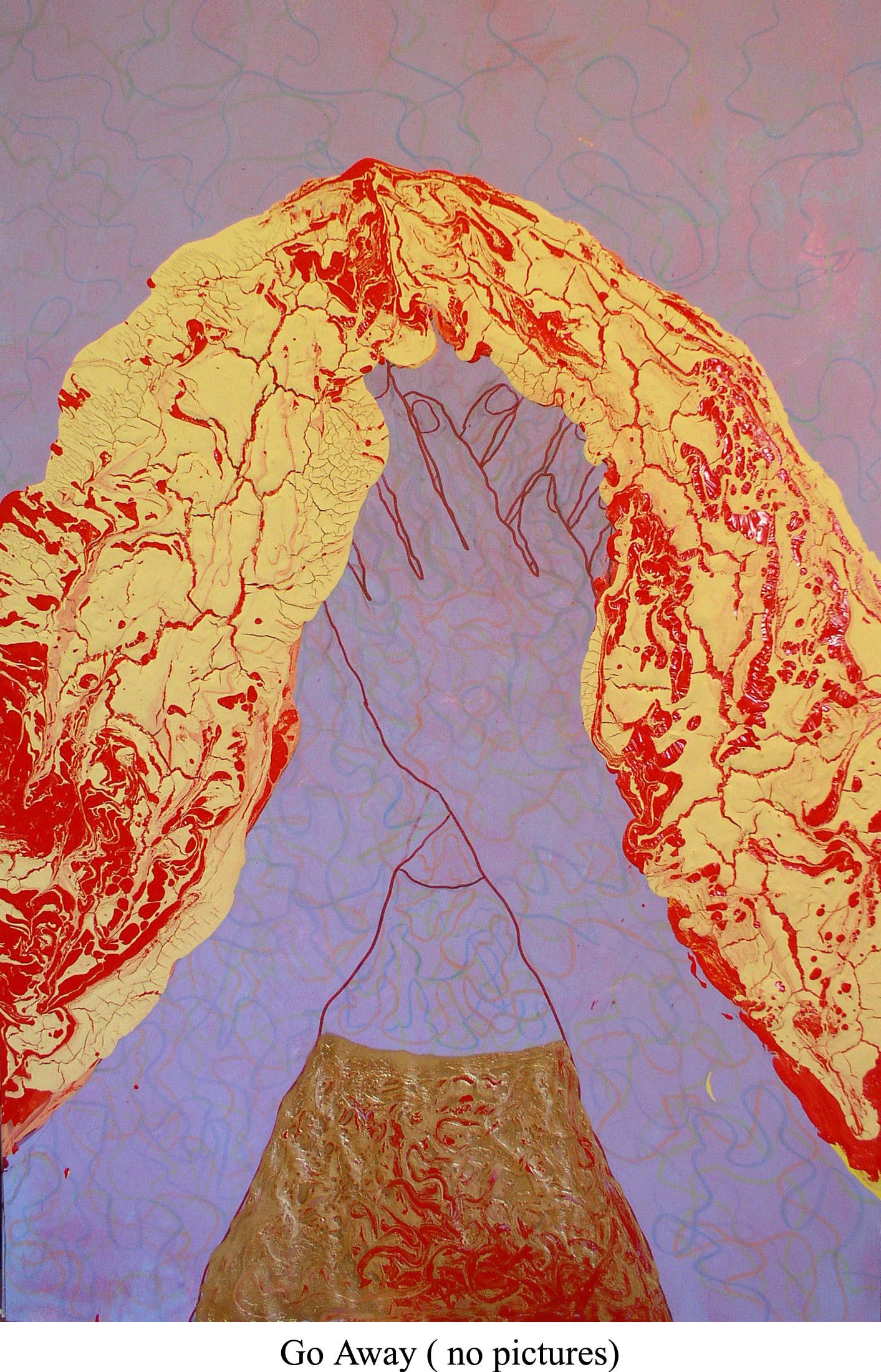 girl's head with hands covering face, drawin in squiggle lines of magic market. Red and yellow hair overflows canvas like gilt layer.