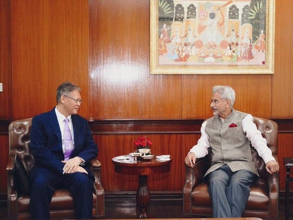 External Affairs Minister S Jaishankar and Chinese envoy Xu Feihong. (Photo: X//@DrSJaishankar)