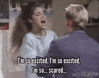 Gif from Saved by the Bell showing Zack restraining Jesse while she says "I'm so excited . . . I'm so scared"