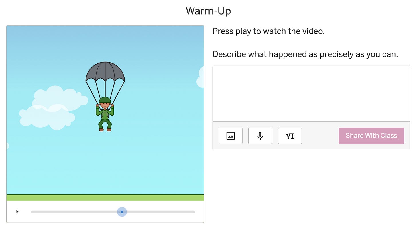 An image of a person getting shot out of a cannon. The question asks "Describe what happened as precisely as you can."