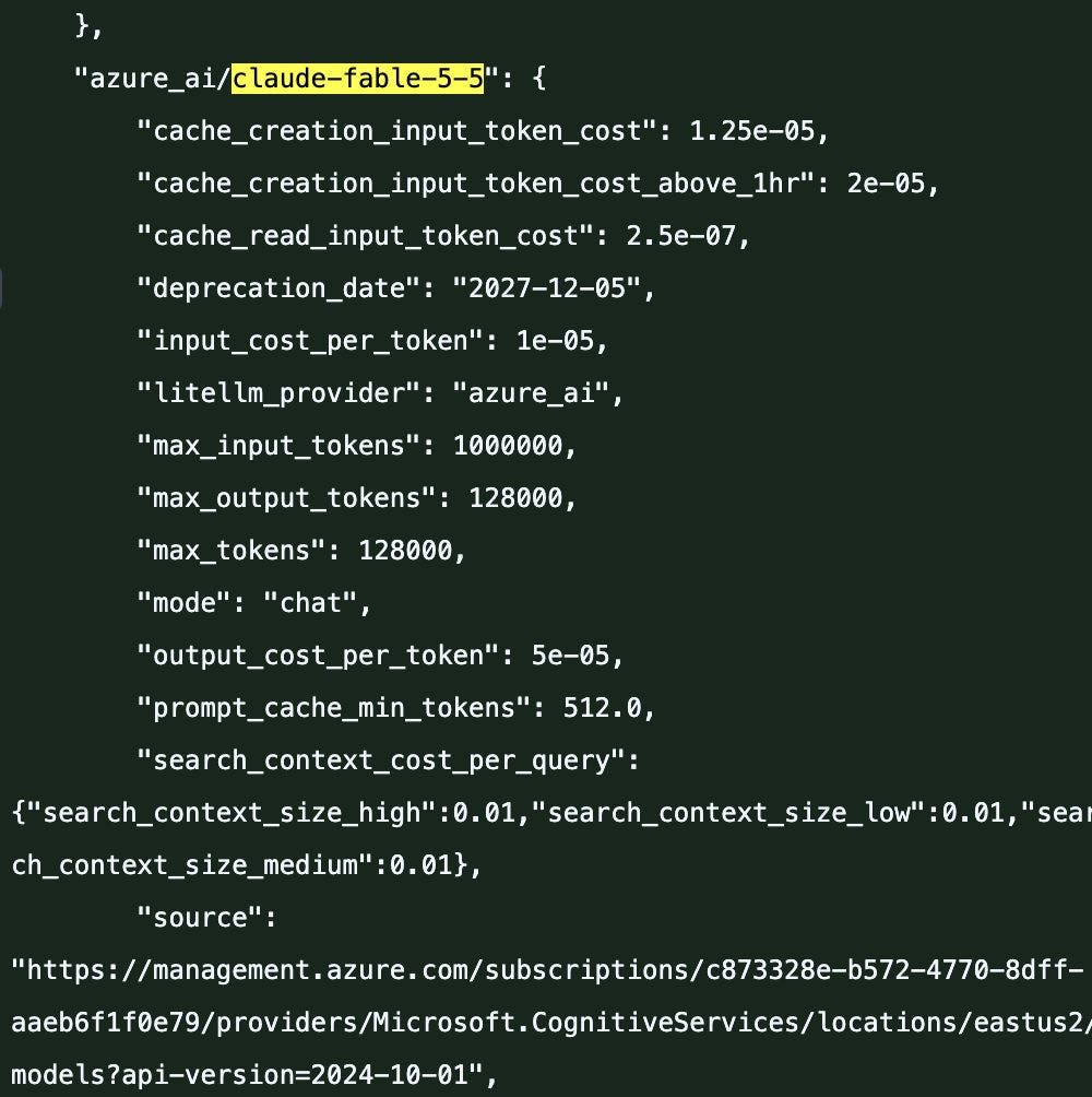 A LiteLLM pricing entry for azure_ai/claude-fable-5-5