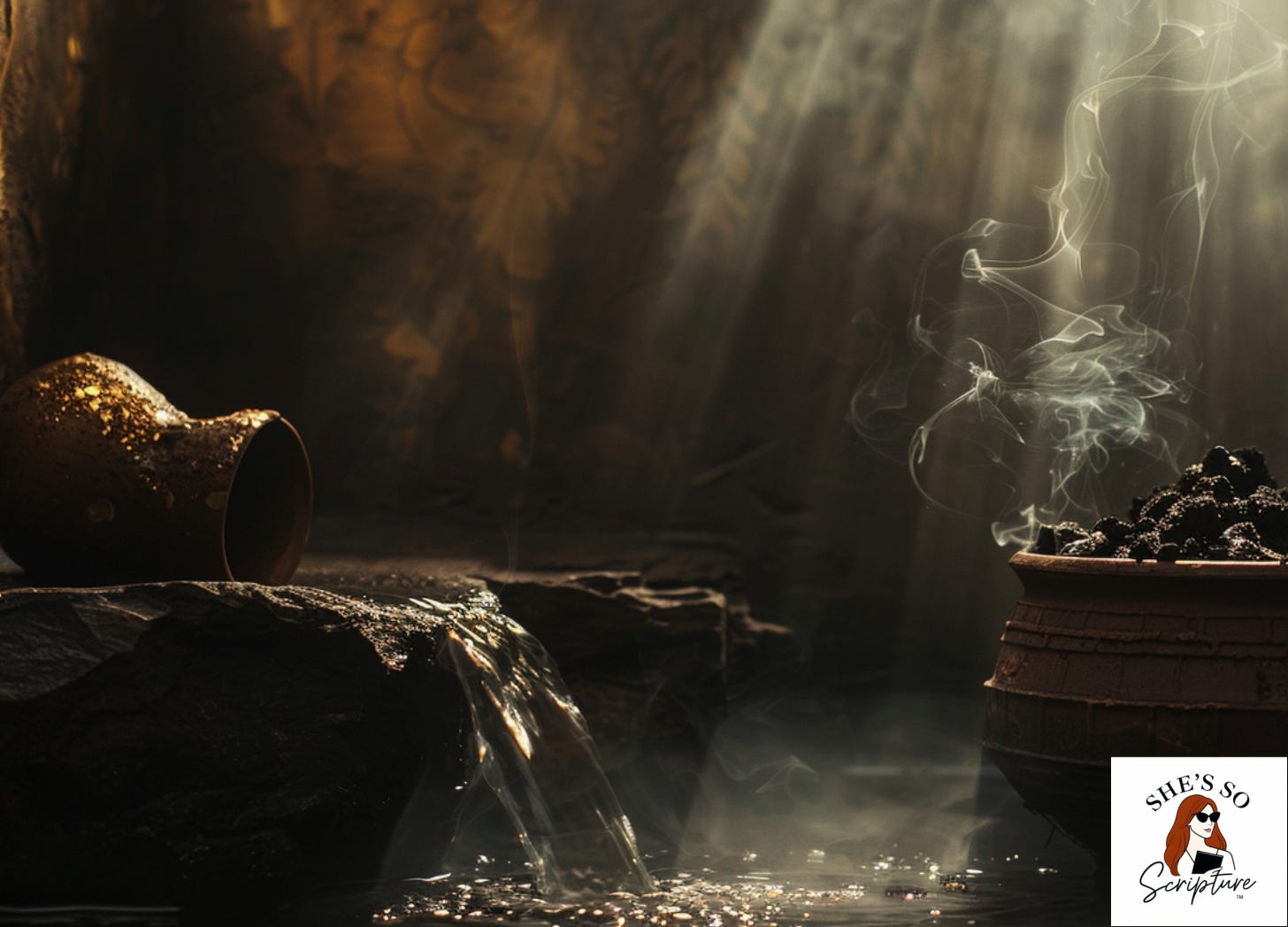 Ashes scattered on dark stone beside a clay vessel of flowing water with golden light and rising smoke, evoking themes of purification and renewal from the Torah portion Ki Tissa and the red heifer ritual of Shabbat Parah.
