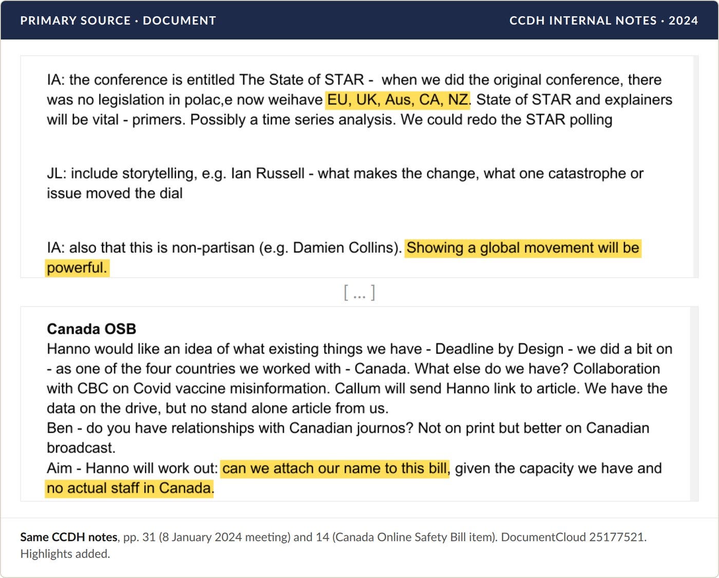 "Showing a global movement will be powerful." CCDH notes, pages 31 and 14. Highlights added.