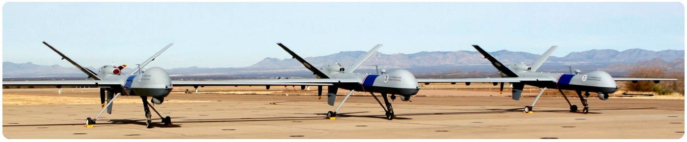Department of Homeland Security (DHS) AMO Predator B unmanned aircraft stand ready to provide long-endurance reconnaissance and surveillance support to agents patrolling the U.S. Southwest Border (US Customs & Border Protection photo) Department of Homeland Security (DHS) AMO Predator B unmanned aircraft stand ready to provide long-endurance reconnaissance and surveillance support to agents patrolling the U.S. Southwest Border (US Customs & Border Protection photo)
