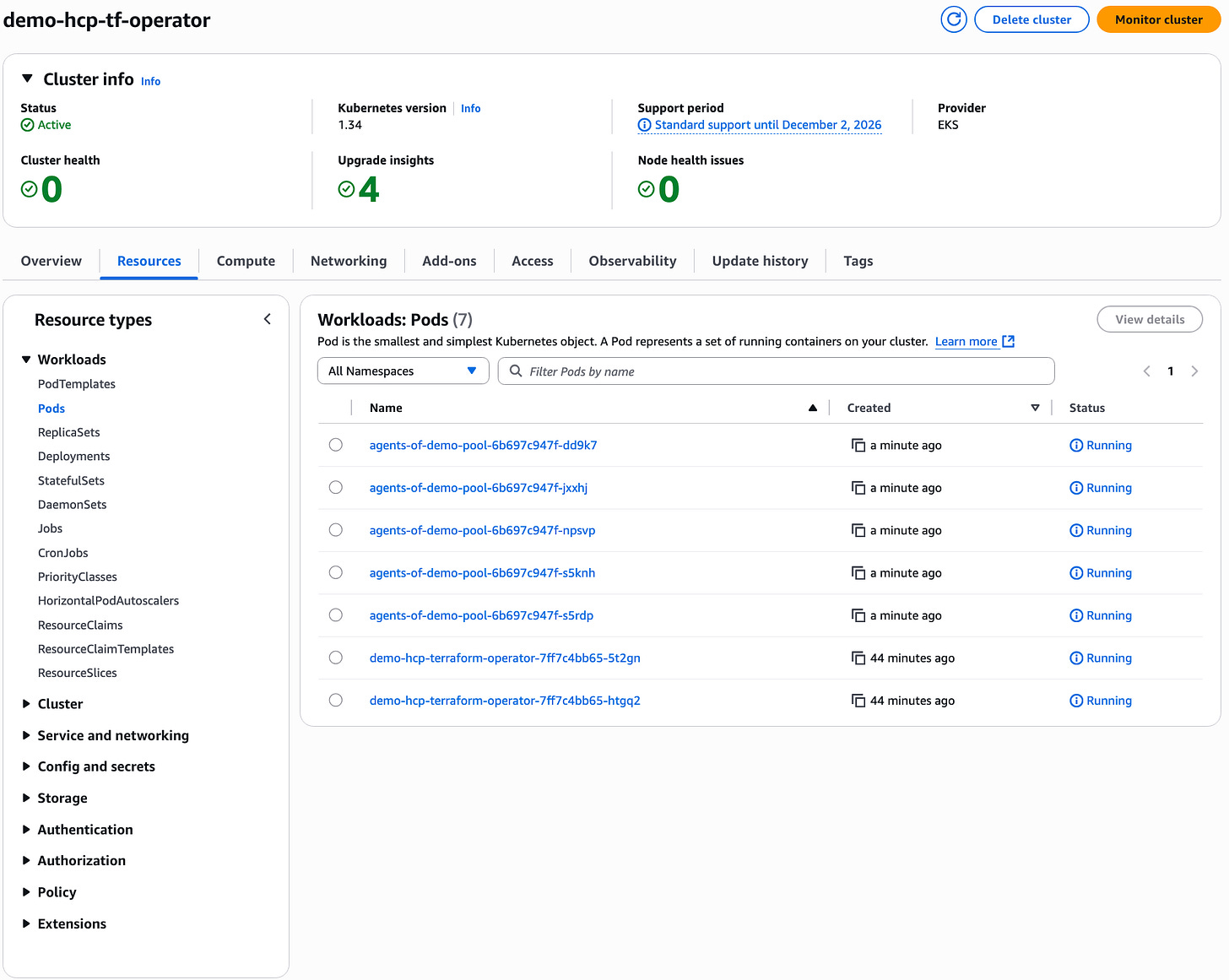 EKS cluster pods show the 5 Terraform agent pods and 2 Terraform Operator pods EKS cluster pods show the 5 Terraform agent pods and 2 Terraform Operator pods