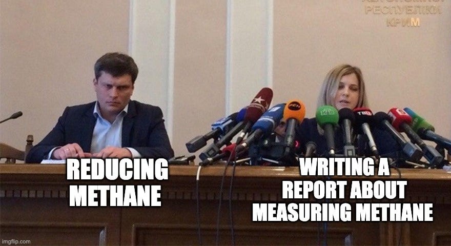 Two-person press conference meme. One speaker sits beside the sign "Reducing methane," while the other, surrounded by microphones, is labelled "Writing a report about measuring methane."