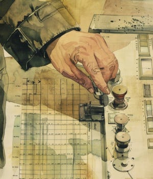 vintage watercolor illustration of compliance charts labeled emotional density with a hand adjusting a stabilization control dial
