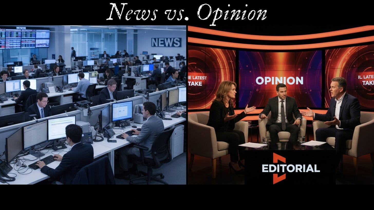 A newsroom full of reporters on the left and three talk show hosts on the right.