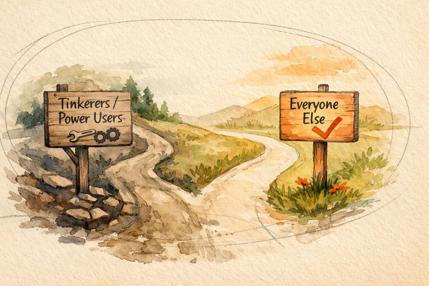 A fork in the road showing a choice between tinkering with wrench and gears and a clean simple path