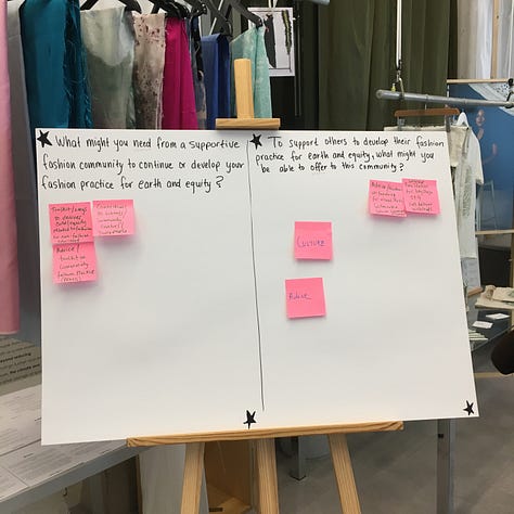 More photos from The Lab E20 exhibit — 1. A participatory board asking visitors to answer on post-it notes “What might you need from a supportive fashion community to continue to develop your fashion practice for earth and equity?”; 2. The Centre For Sustainable Fashion’s manifesto; 3. ‘The Future of Fashion: Imagining Possibilities’ exhibit entrance board with dress from Christopher Raeburn made from a reclaimed parachute.