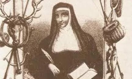 Juliana Berners in a nun's habit with a feather pen and book in hand. Various hunting gear like a bow and arrow and fishing pole hang from the walls. Juliana Berners in a nun's habit with a feather pen and book in hand. Various hunting gear like a bow and arrow and fishing pole hang from the walls.
