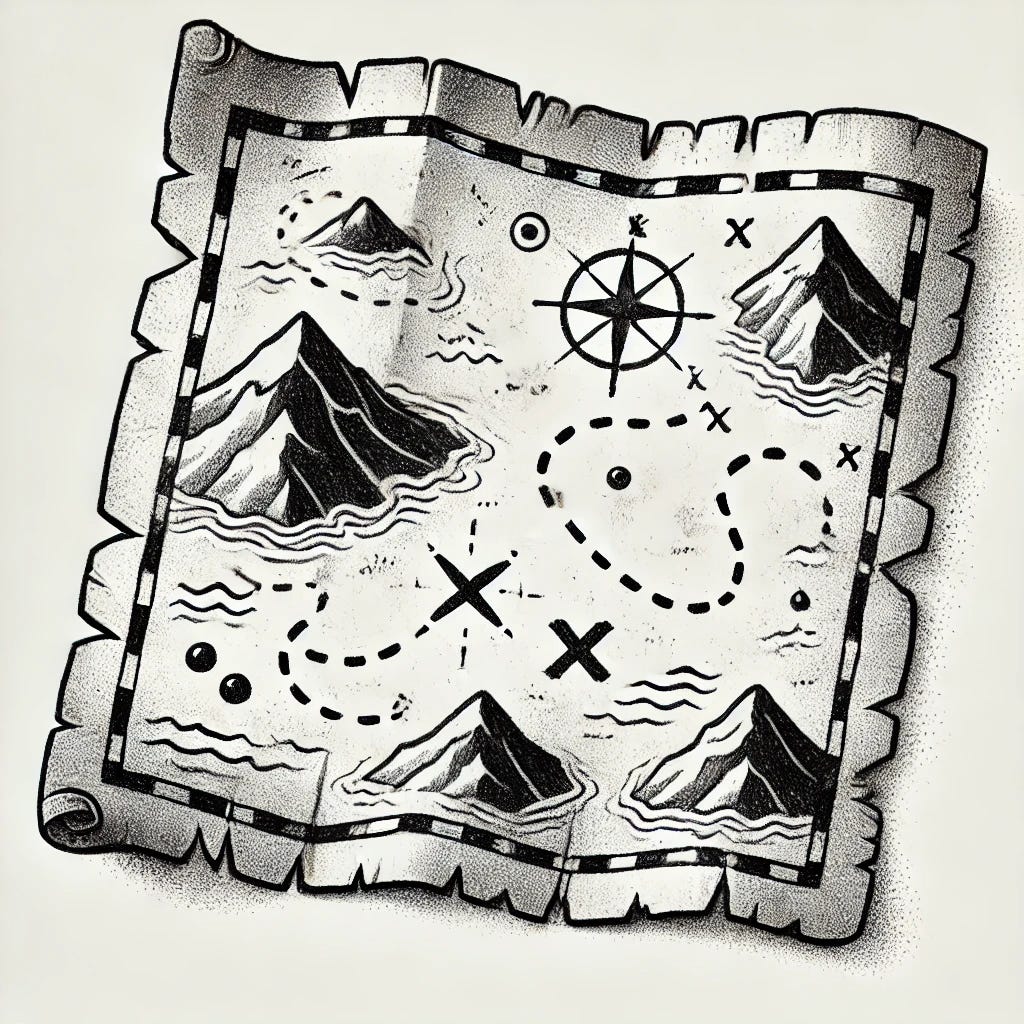 A simple black and white pencil drawing of an old treasure map. The map appears aged and slightly tattered, with curled edges and subtle creases. It features hand-drawn symbols such as mountains, rivers, an 'X' marking the treasure spot, and a dotted line leading to it. The shading is minimal but adds depth, giving it an authentic vintage look. The background is clean to maintain focus on the map’s details.
