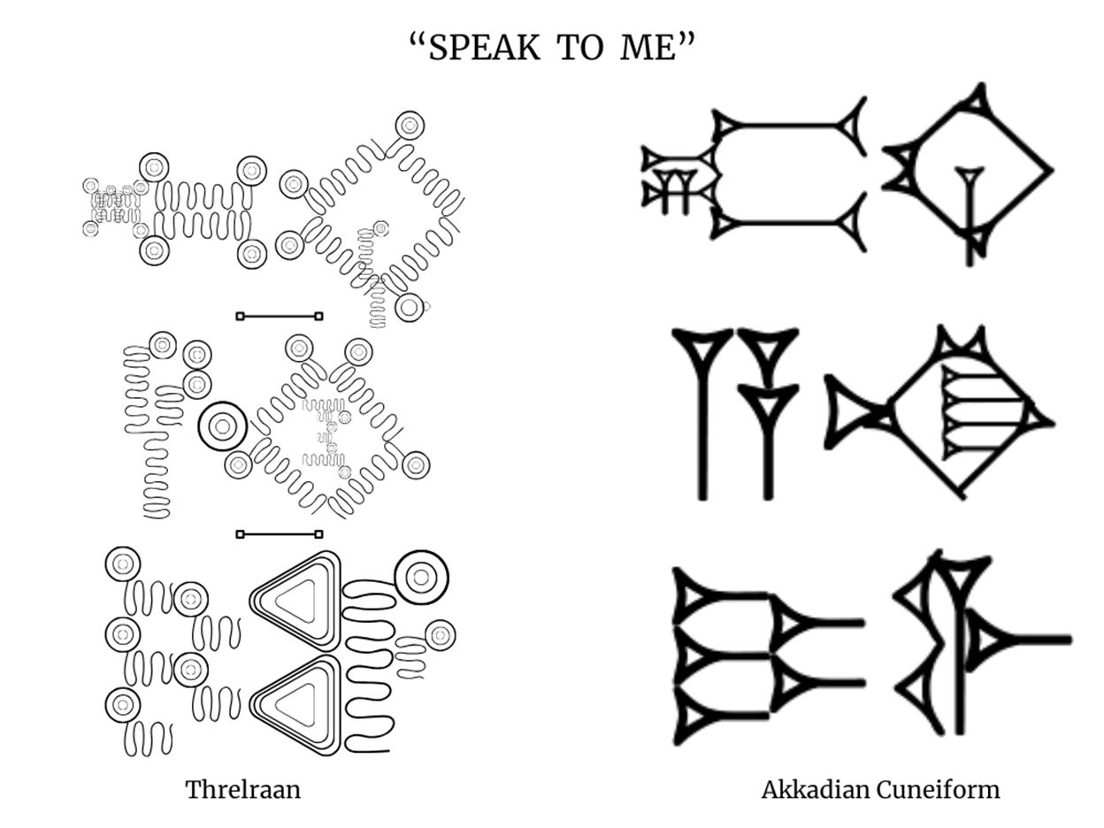 Comparison of how "speak to me" is written in alien Threlraan versus Akkadian cuneiform.