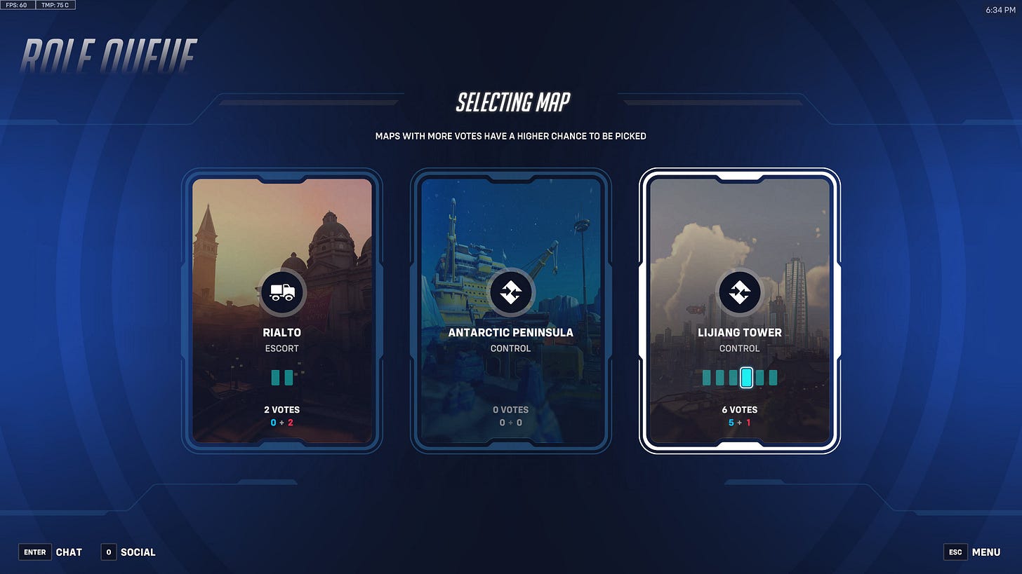 3 map cards displayed, with votes cast for each one.