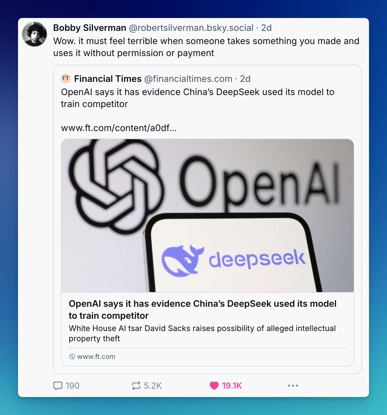 A Bluesky post from Jason Koebler sharing a 404media article featuring Sam Altman, OpenAI's CEO, wearing a brown hoodie with 'Dev Day' badge. The headline ironically reads 'OpenAI Furious DeepSeek Might Have Stolen All the Data OpenAI Stole From Us' with engagement metrics showing 131 comments, 1K reposts, and 4.1K likes. A Bluesky post from Jason Koebler sharing a 404media article featuring Sam Altman, OpenAI's CEO, wearing a brown hoodie with 'Dev Day' badge. The headline ironically reads 'OpenAI Furious DeepSeek Might Have Stolen All the Data OpenAI Stole From Us' with engagement metrics showing 131 comments, 1K reposts, and 4.1K likes.