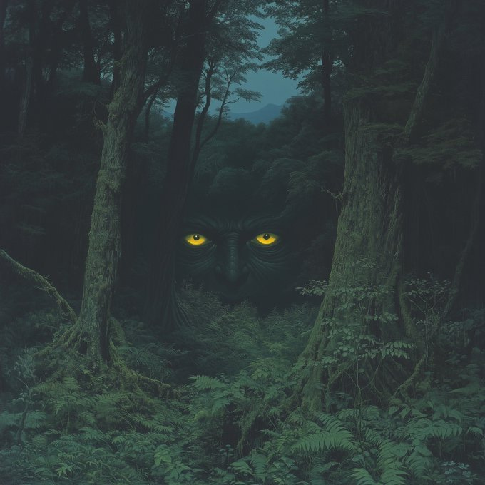 A dense forest with tall trees and lush green foliage. Glowing yellow eyes and a shadowy face are visible among the trees, suggesting a mystical creature.