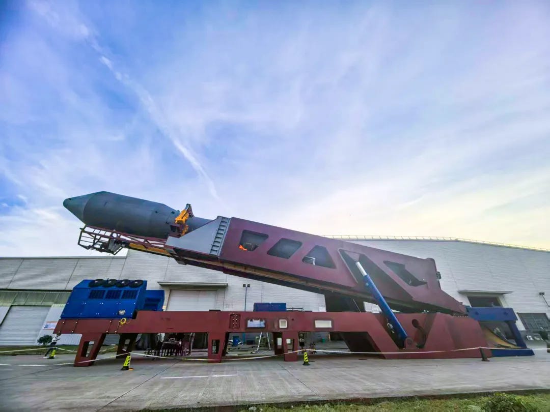A mockup of Ceres-2 during testing with the rockets transporter-erector.