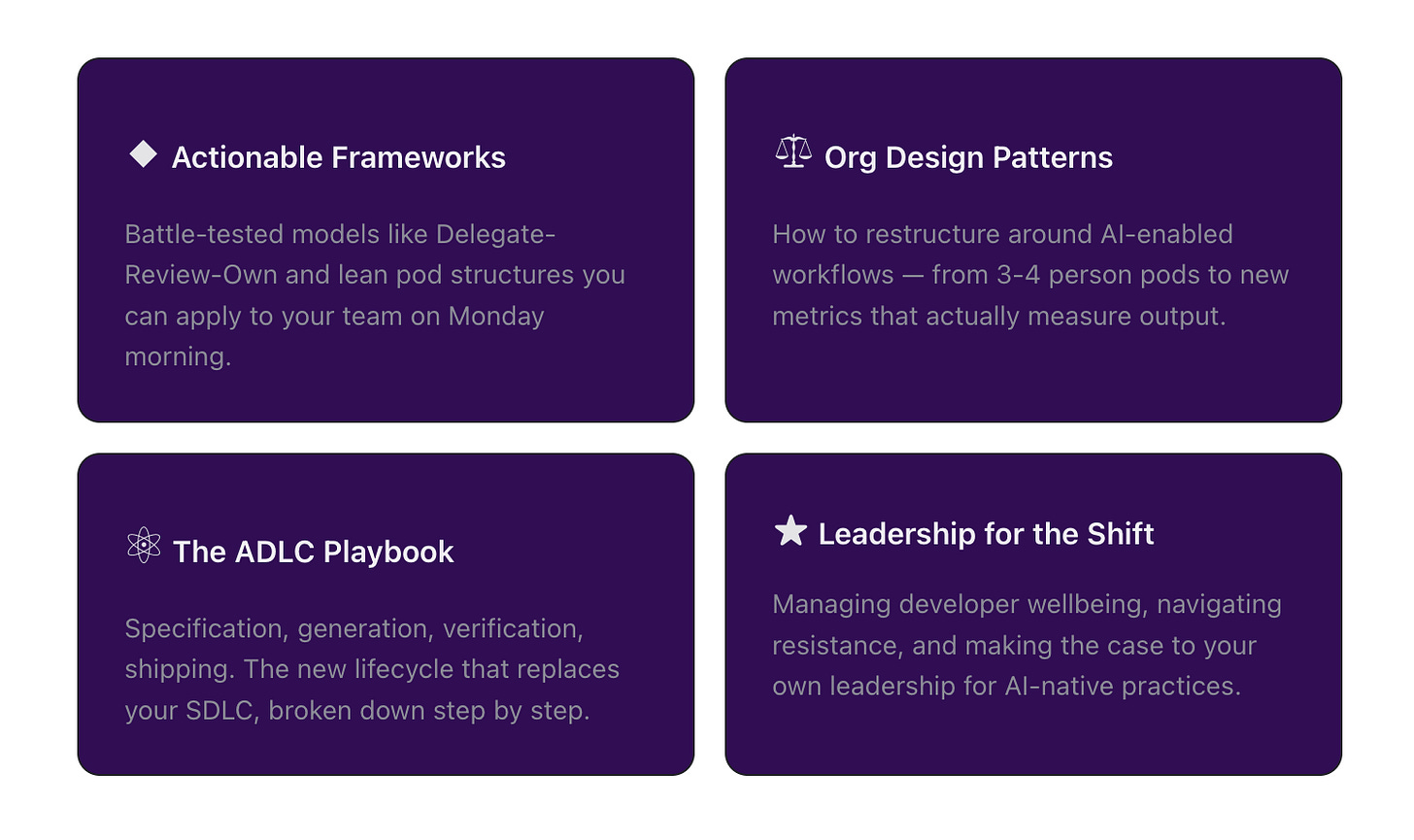 ◆ Actionable Frameworks Battle-tested models like Delegate-Review-Own and lean pod structures you can apply to your team on Monday morning. ⚖ Org Design Patterns How to restructure around AI-enabled workflows — from 3-4 person pods to new metrics that actually measure output. ⚛ The ADLC Playbook Specification, generation, verification, shipping. The new lifecycle that replaces your SDLC, broken down step by step. ★ Leadership for the Shift Managing developer wellbeing, navigating resistance, and making the case to your own leadership for AI-native practices. ◆ Actionable Frameworks Battle-tested models like Delegate-Review-Own and lean pod structures you can apply to your team on Monday morning. ⚖ Org Design Patterns How to restructure around AI-enabled workflows — from 3-4 person pods to new metrics that actually measure output. ⚛ The ADLC Playbook Specification, generation, verification, shipping. The new lifecycle that replaces your SDLC, broken down step by step. ★ Leadership for the Shift Managing developer wellbeing, navigating resistance, and making the case to your own leadership for AI-native practices.