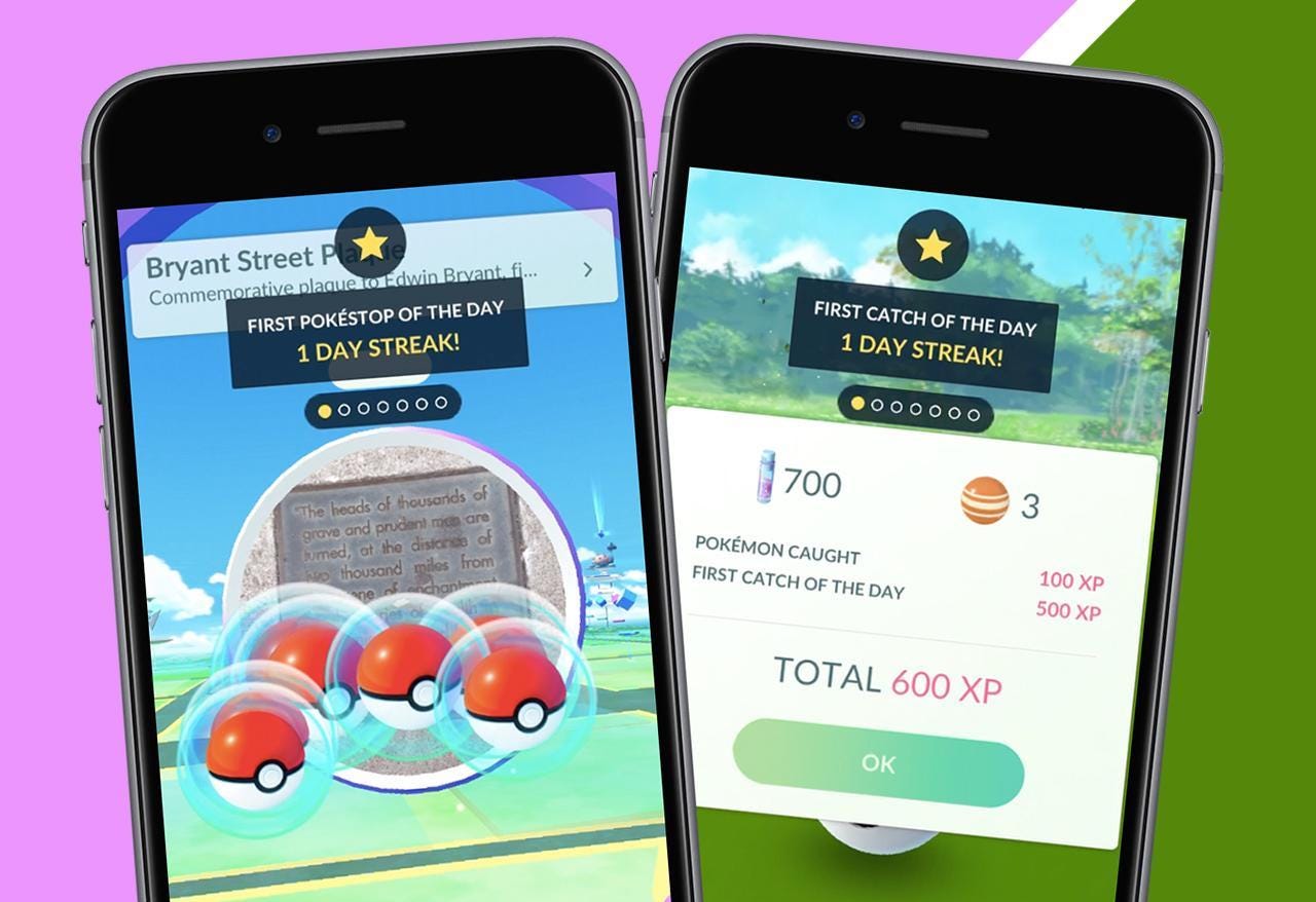 Two screenshots of Pokemon go highlighting the first poke stop and first catch of the day streaks
