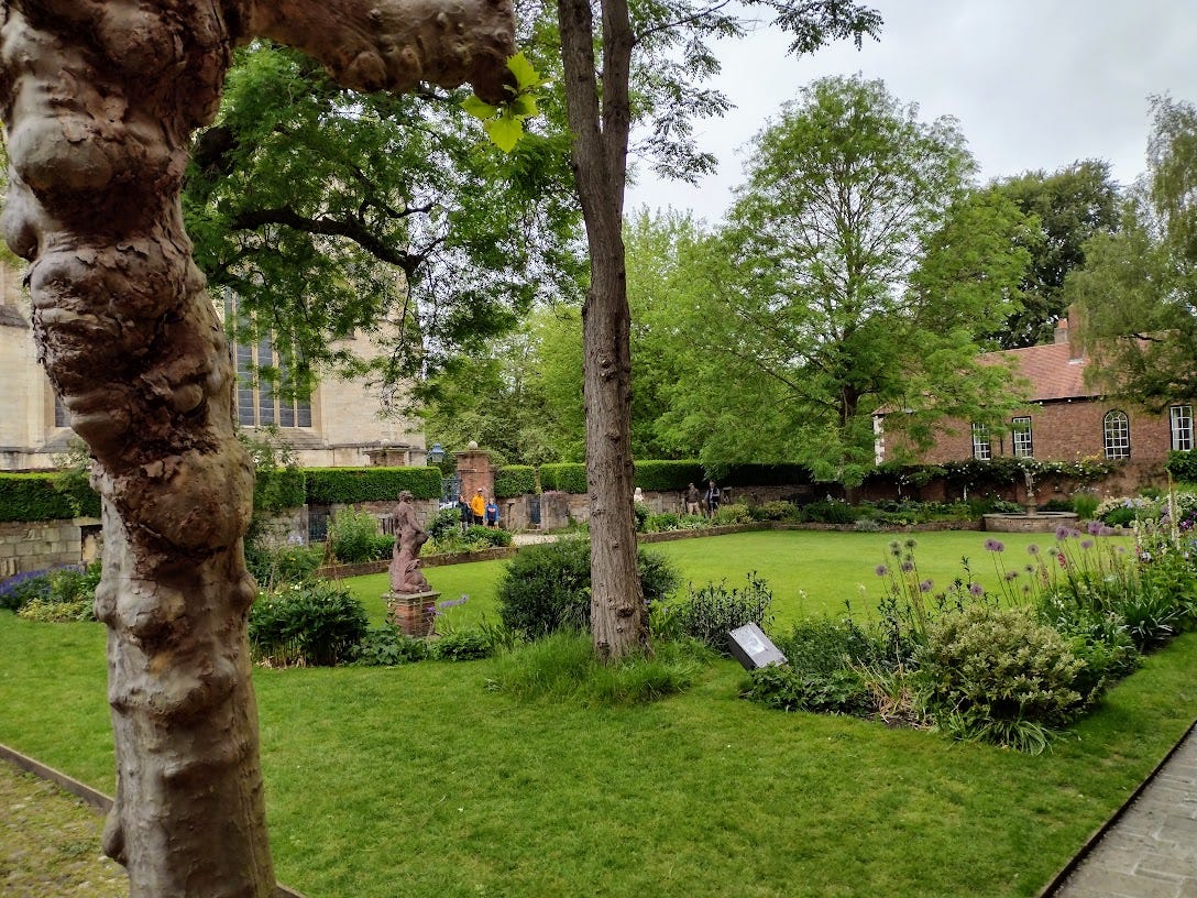Walled garden with glimpse of cathedral right next door