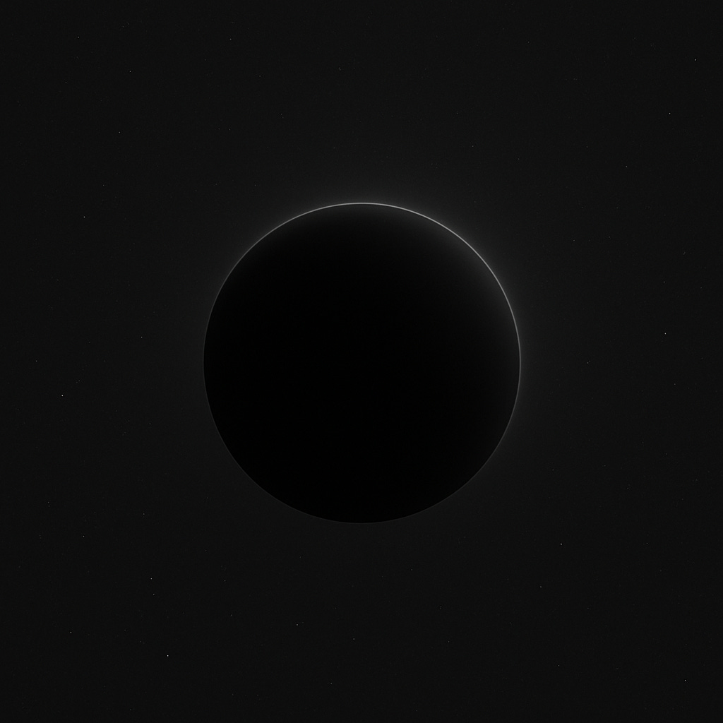 An almost completely black sphere floats in a dark star field, outlined only by a faint, razor-thin halo of light. The subtle rim describes the event horizon of a black hole, emphasising its precision, simplicity, and silent gravitational authority against the vast emptiness of space.