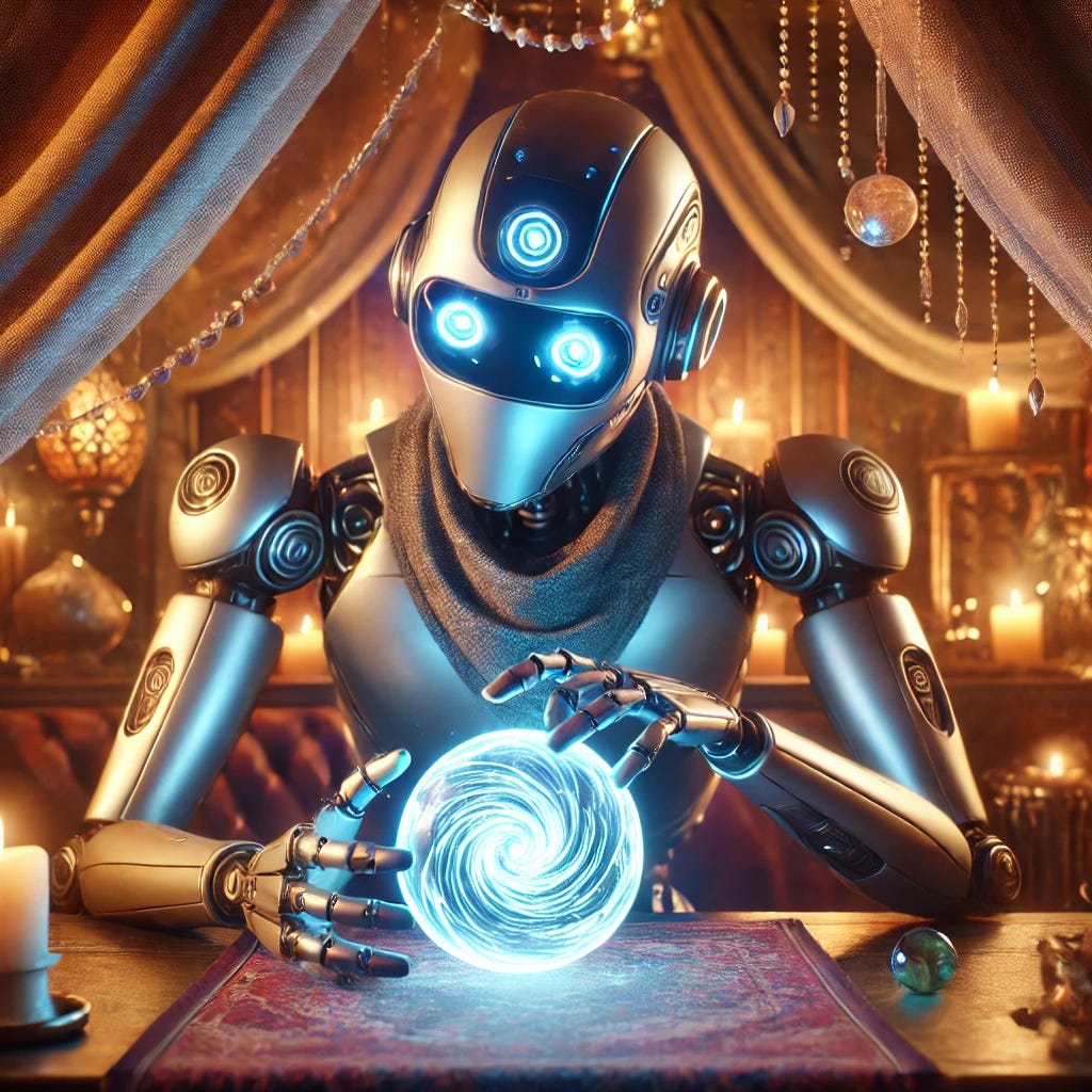 A futuristic robot sitting at a table in a fortune teller's shop, leaning forward and gazing directly at a glowing crystal ball. The robot has a sleek and expressive humanoid face with glowing blue eyes, focused entirely on the ball. Its hands are gently positioned around the crystal ball, showing curiosity and intent. The shop is rich with mystical elements, including draped curtains, beaded decorations, shelves filled with magical artifacts, lit candles, and warm, ambient lighting. The crystal ball glows with swirling magical energy, casting a soft light on the robot's face. The visual style is clean, slightly whimsical, and family-friendly, creating an enchanting and cozy atmosphere.