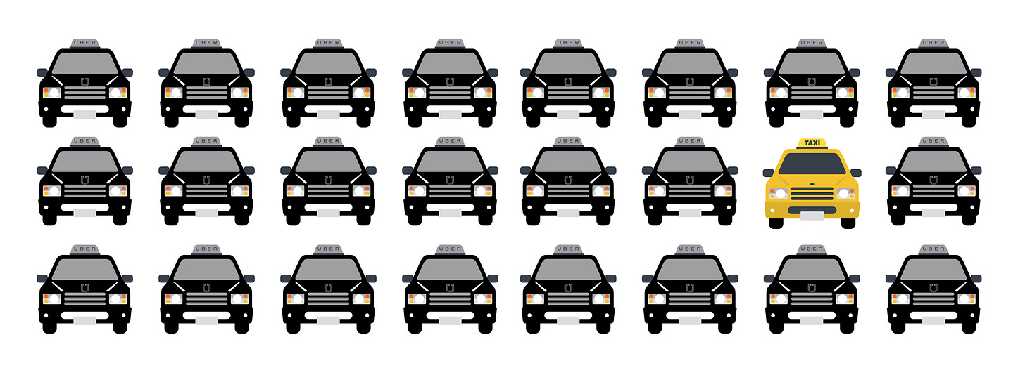 Illustration showing many Uber cars and one yellow taxi among them