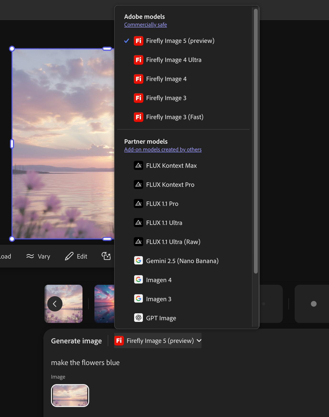A screenshot of Adobe Firefly’s image generation interface showing the model selection menu. The menu lists Adobe’s Firefly models and multiple partner models like FLUX, Nano Banana, Imagen, and GPT Image. A preview image of a pastel sunset with flowers is selected beneath the menu.