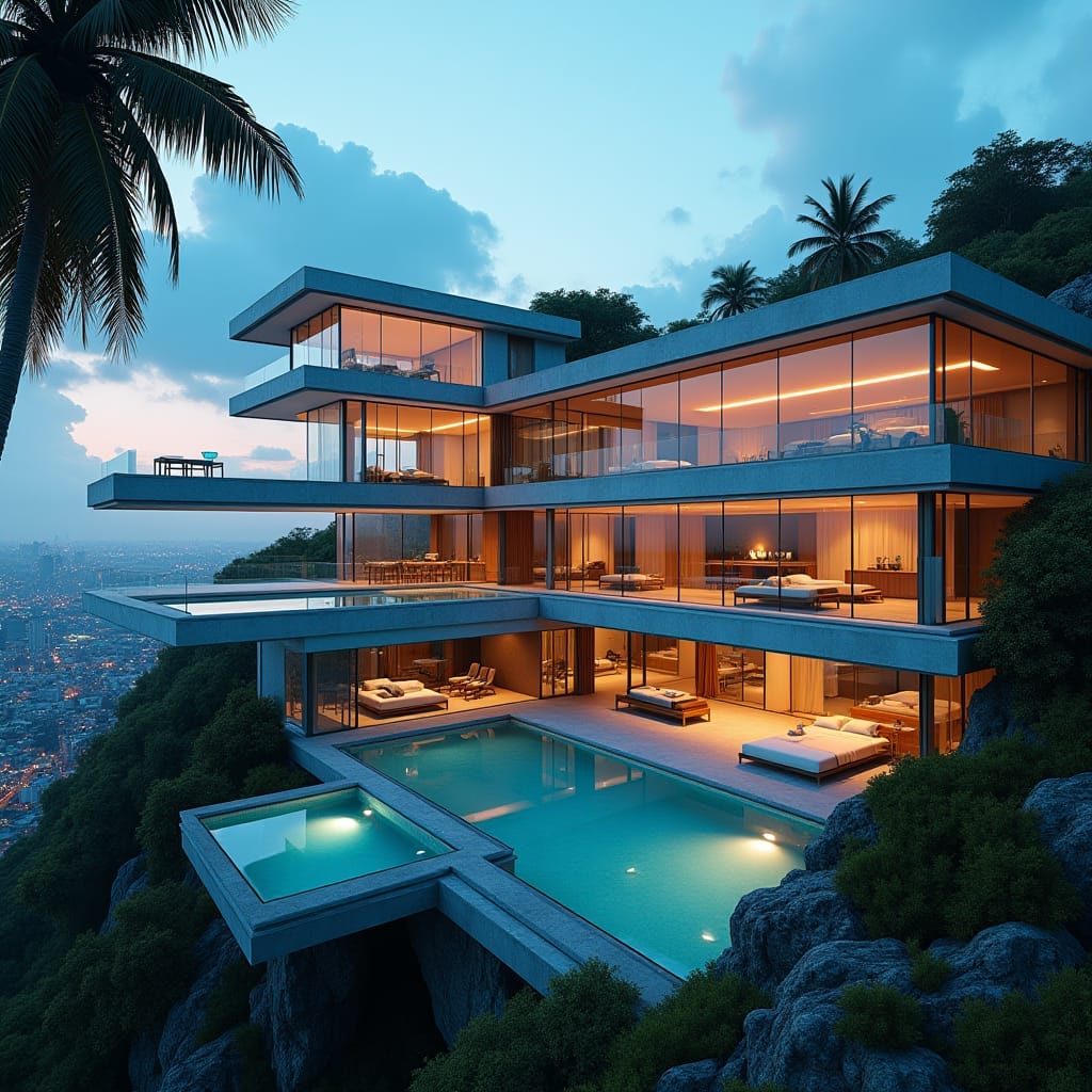 Ultra-modern, 4-story, 10-bedroom Jamaican mansion with sleek glass façade, expansive windows, and cantilevered concrete platforms, set amidst the bustling cityscape, featuring crystal-clear glass pools that appear to float in mid-air. 