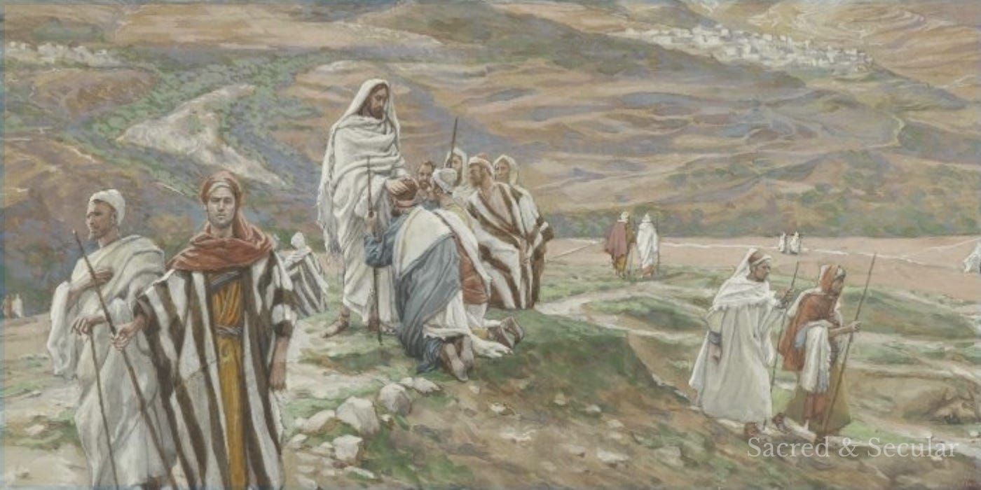 A biblical watercolour by James Tissot depicting Jesus sending his disciples out in pairs to begin their mission.