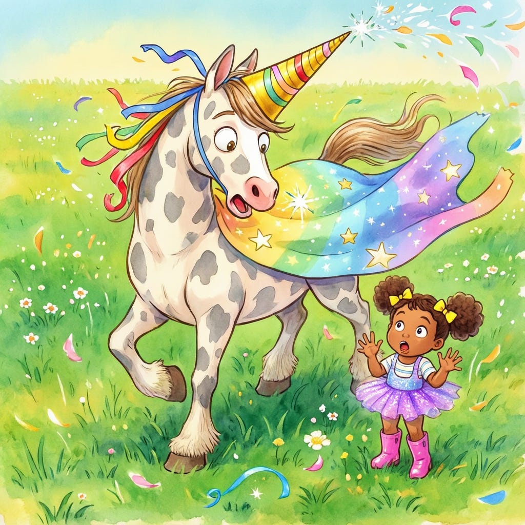 AI-illustrated picture-book spread: Glitterbelle, a sparkly white horse mid-twirl, her golden "unicorn horn" slipping sideways to reveal it as a party hat on a ribbon. Page text below reads: "Glitterbelle spins her biggest twirl ever. Wheee... whoopsie! Floppity-flop! Her golden horn slips sideways. It is a party hat! Glitterbelle is really a horse!" AI-illustrated picture-book spread: Glitterbelle, a sparkly white horse mid-twirl, her golden "unicorn horn" slipping sideways to reveal it as a party hat on a ribbon. Page text below reads: "Glitterbelle spins her biggest twirl ever. Wheee... whoopsie! Floppity-flop! Her golden horn slips sideways. It is a party hat! Glitterbelle is really a horse!"
