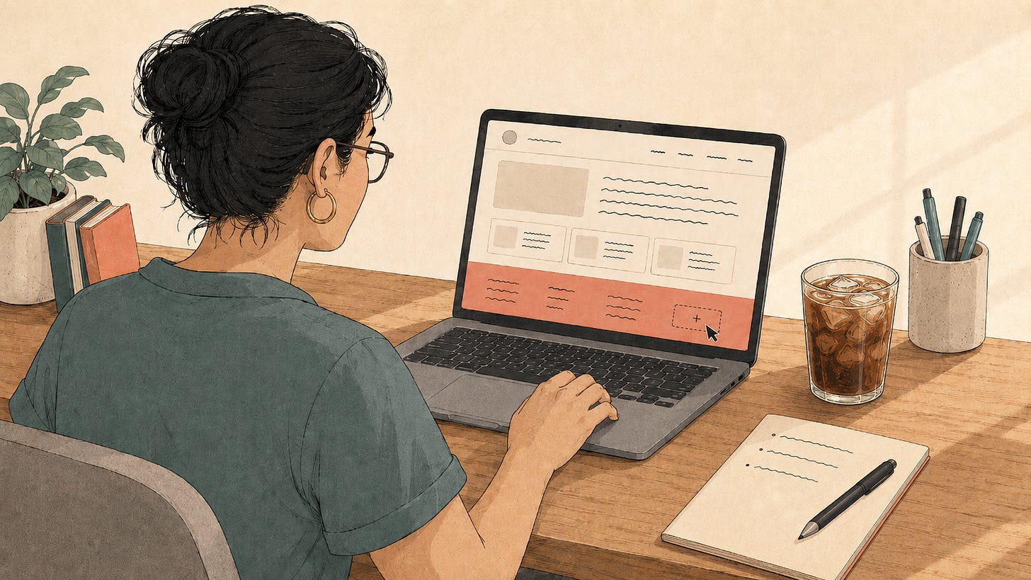 A creator at a laptop adding an accessibility statement link to their website footer, with the statement’s key points written on the pad next to them.