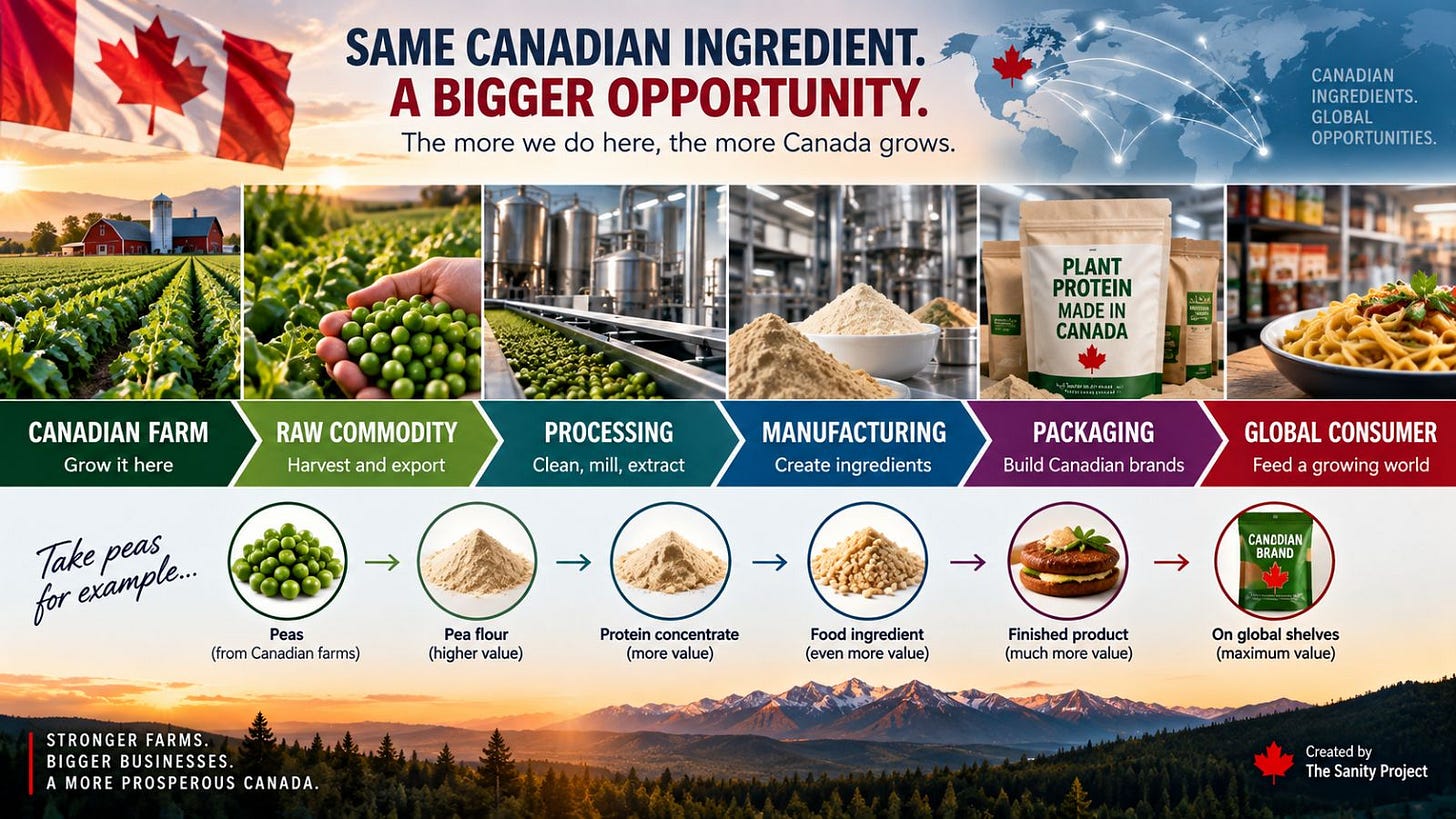Canadian agrifood value chain infographic showing how Canadian agriculture moves from raw farm commodities through food processing, manufacturing, packaging and global exports. Canadian agrifood value chain infographic showing how Canadian agriculture moves from raw farm commodities through food processing, manufacturing, packaging and global exports.