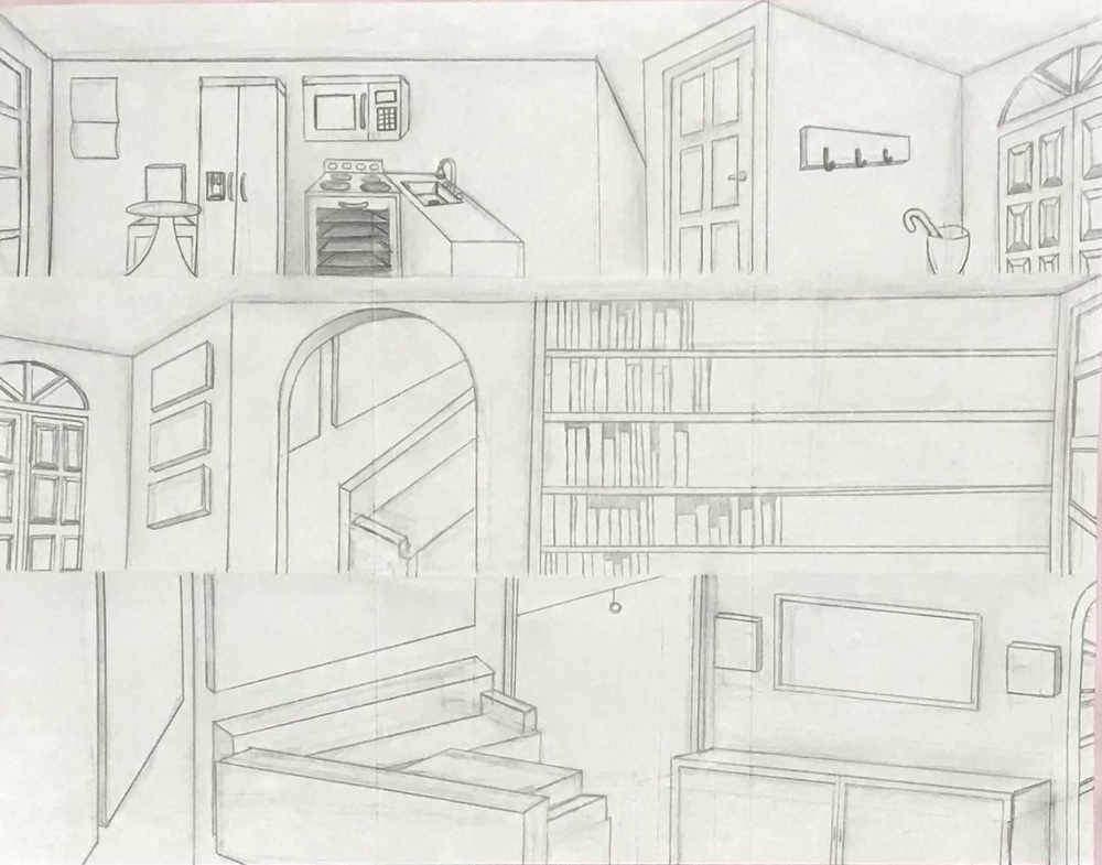 This image is a sketch of the home this short film is set in, specifically, the kitchen, dining room and living room.
