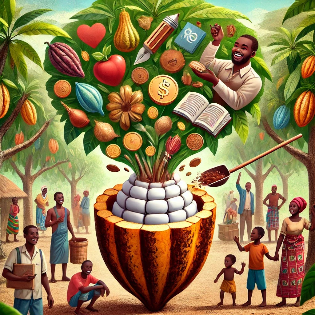 A large, vibrant cocoa pod with a cut at the top, from which diverse symbols of success and benefits are flowing out—such as coins, plants, tools, and books—pouring into the hands of smiling smallholder farmers and their community. The farmers are surrounded by lush cocoa trees, and the scene represents prosperity, empowerment, and community growth through sustainable farming. The background features families, children playing, and communal activities, highlighting the social and economic benefits shared across the community.