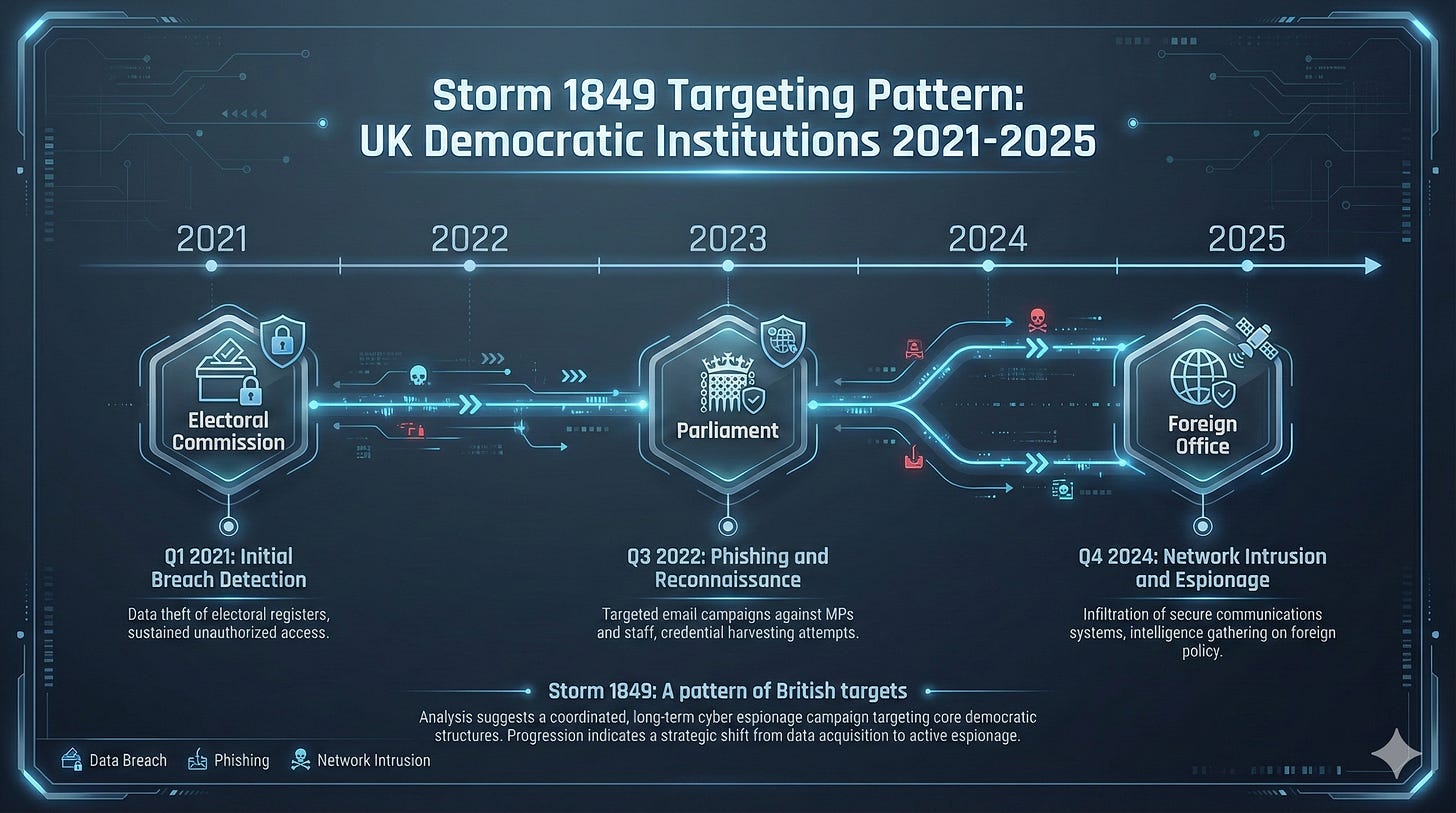 Timeline showing progression of suspected Storm 1849 attacks on UK democratic institutions from Electoral Commission to Parliament to Foreign Office