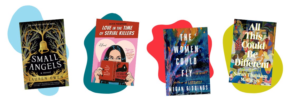 Covers for the books Small Angels, Love in the Time of Serial Killers, The Women Could Fly, and All This Could Be Different