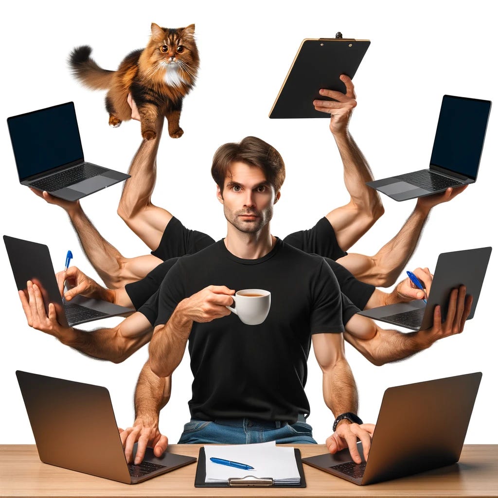 A Caucasian man with multiple arms, each performing different tasks. He is wearing a black t-shirt. One arm is typing on three separate laptops, another arm is writing on a whiteboard, a third arm is holding a cup of tea, and another arm is petting a cute brown cat. The scene illustrates an extraordinary level of multitasking in a busy and vibrant environment.